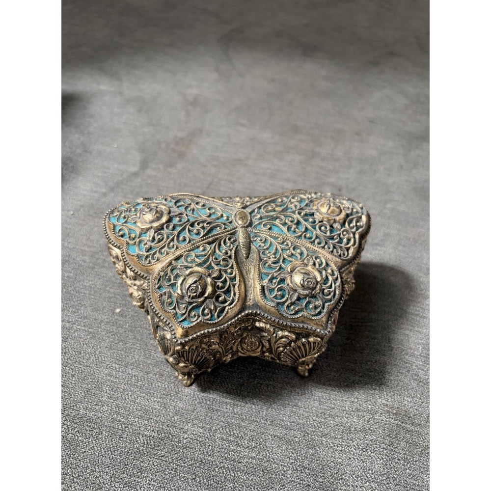 Vintage Beautiful Butterfly Filigree Trinket Jewelry Musical Box Works READ